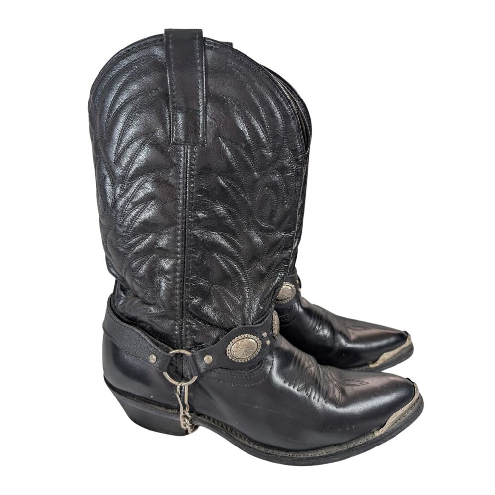 LAREDO! GORGEOUS BLACK GENUINE LEATHER HARNESSED, TOE PLATE COWBOY BOOTS! SZ 9D